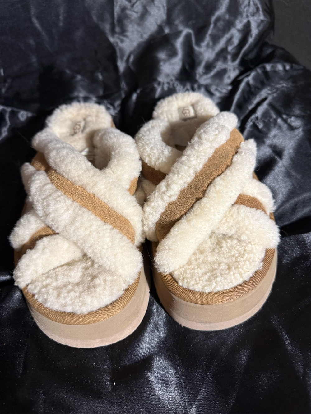 UGG Disco Cross Slide Platform Shearling Sandals in Brown, Size 9